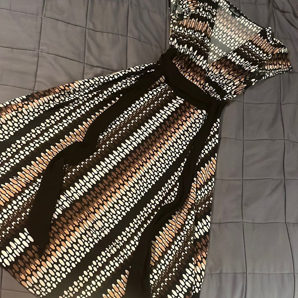 Brown And Black Faux Wrap Dress With Cap Sleeve